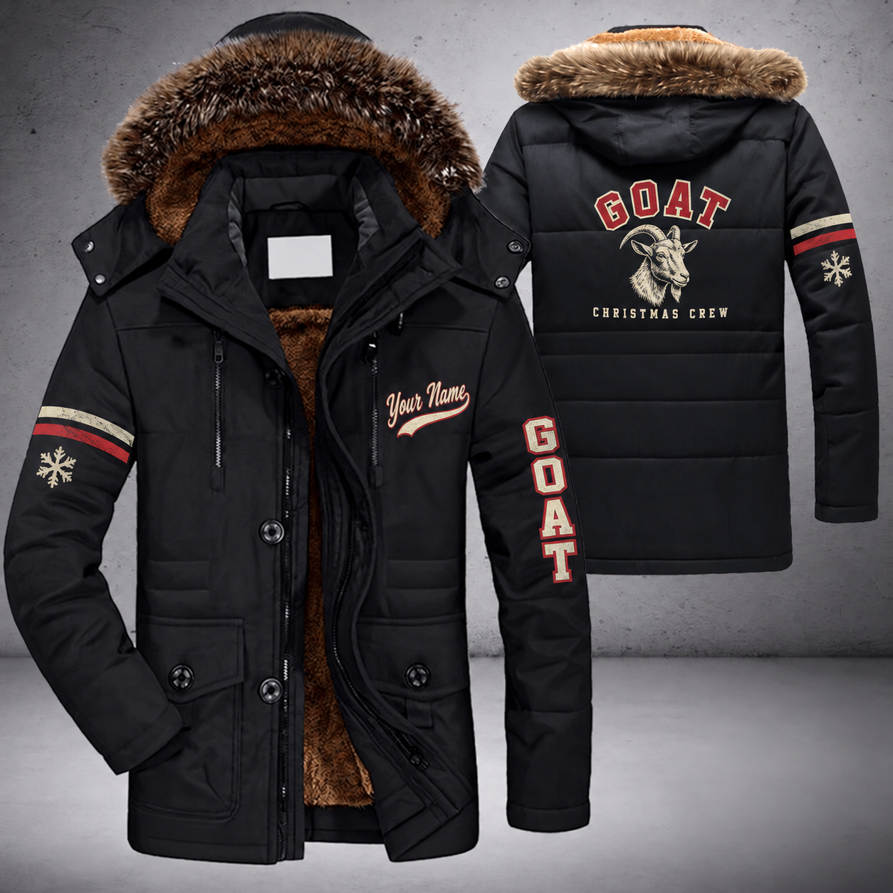 Black parka jacket with a faux-fur hood, snowflake and goat head on the back, "GOAT" lettering and a custom name in script on the chest