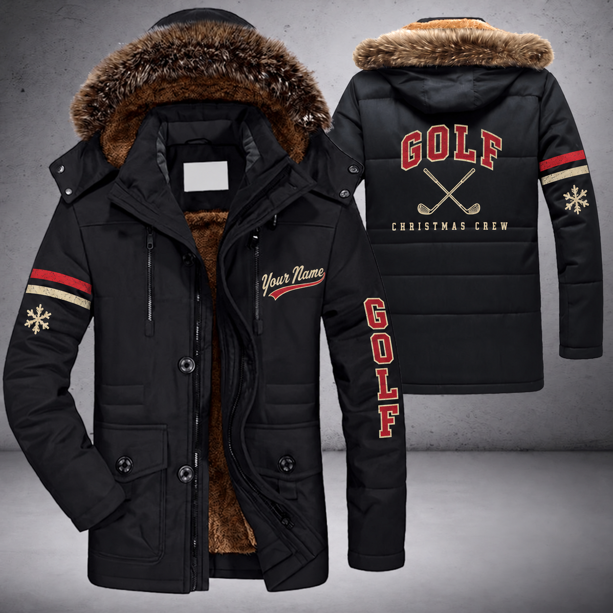 Black parka jacket with a faux-fur hood, snowflake and crossed golf clubs on the back, "GOLF" lettering and a custom name in script on the chest