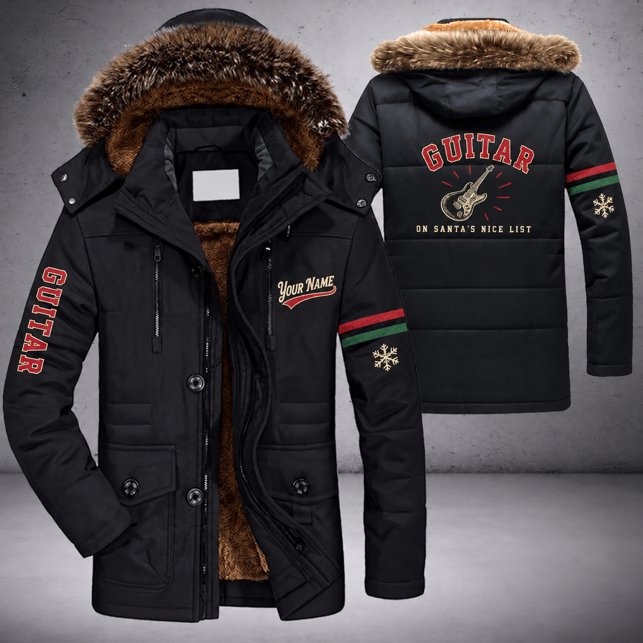 Black parka jacket with a faux-fur hood, snowflake and electric guitar on the back, "GUITAR" lettering and a custom name in script on the chest