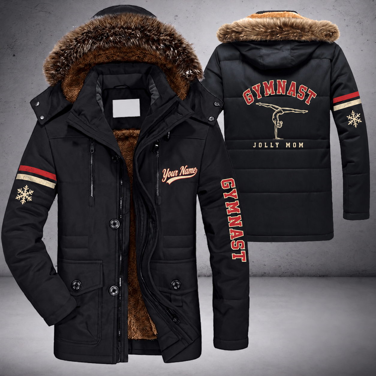 Black parka jacket with a faux-fur hood, snowflake and gymnast on the back, "GYMNAST" lettering and a custom name in script on the chest