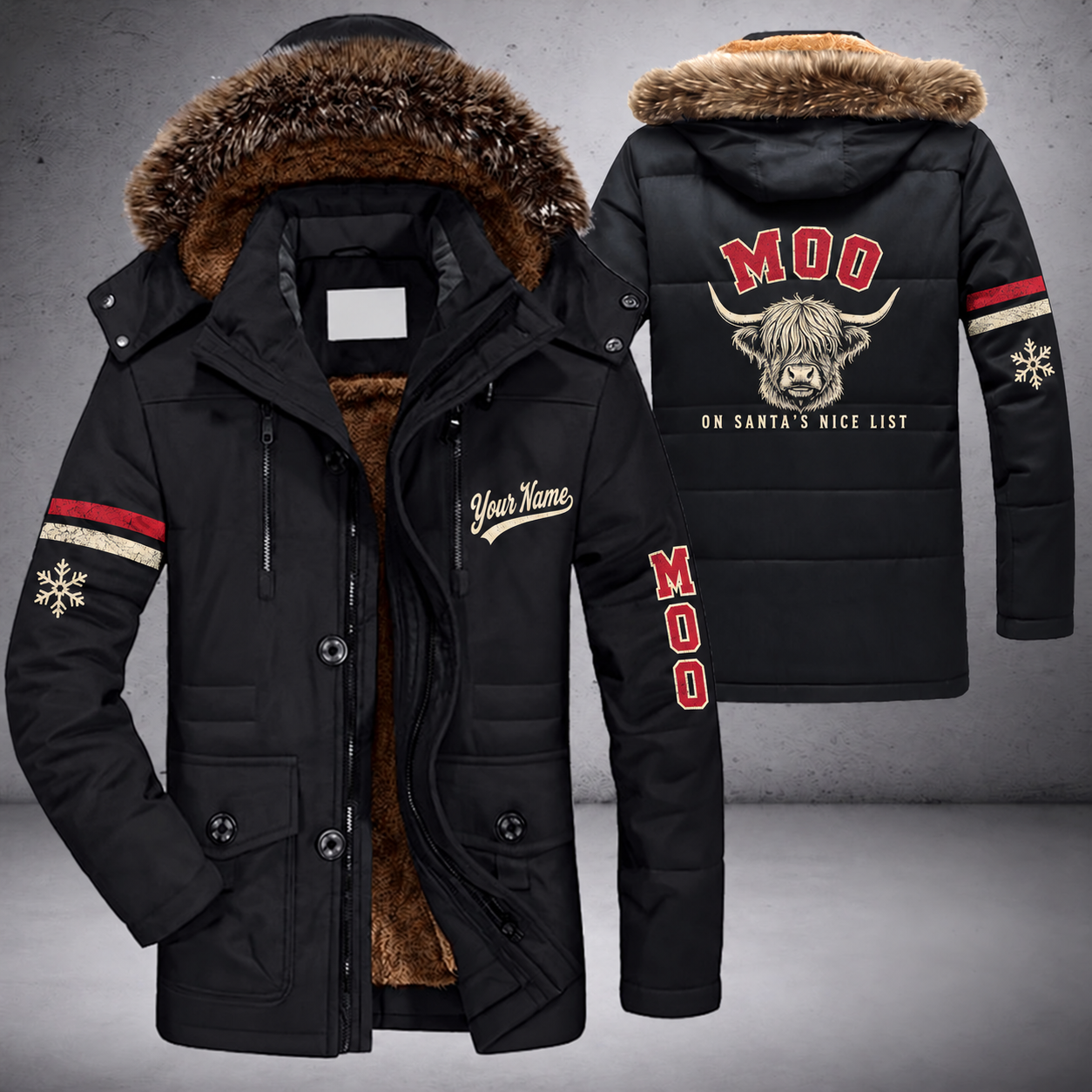 Black parka jacket with a faux-fur hood, snowflake and highland cow head with long fringe on the back, "MOO" lettering and a custom name in script on the chest