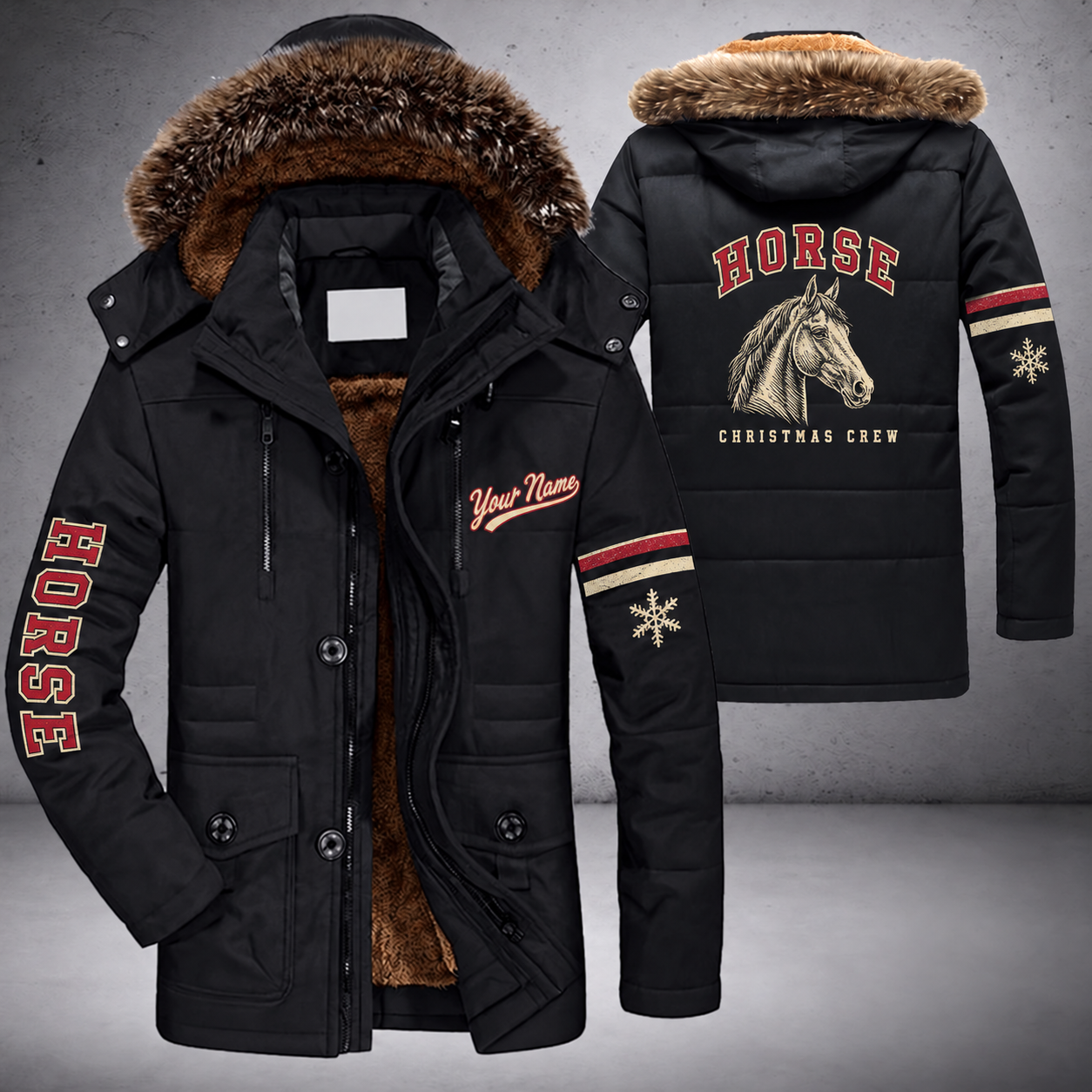 Black parka jacket with a faux-fur hood, snowflake and realistic side-view horse head in fine line art, calm, not a sports mascot on the back, "HORSE" lettering and a custom name in script on the chest