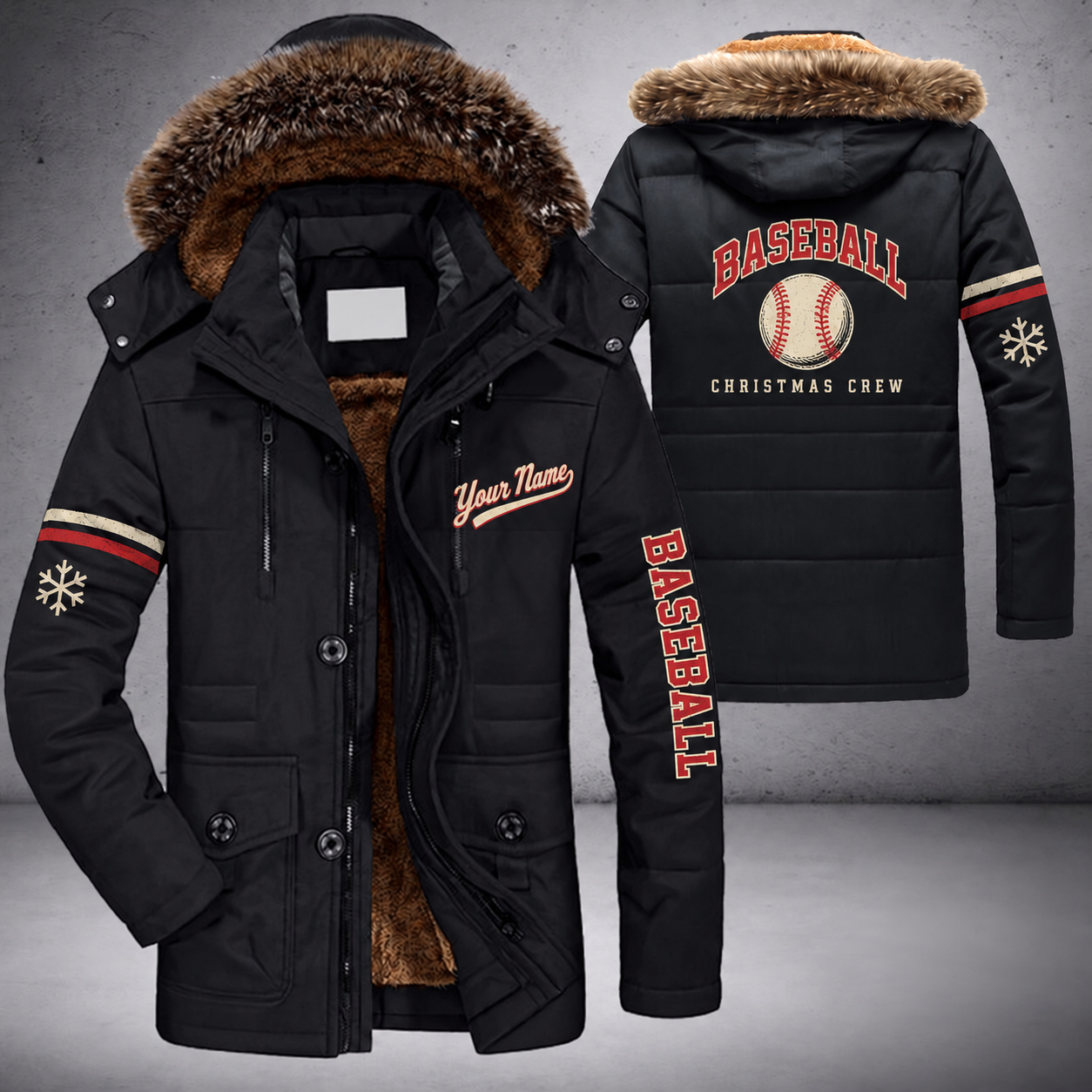 Black parka jacket with a faux-fur hood, snowflake and baseball with red stitches on the back, "BASEBALL" lettering and a custom name in script on the chest