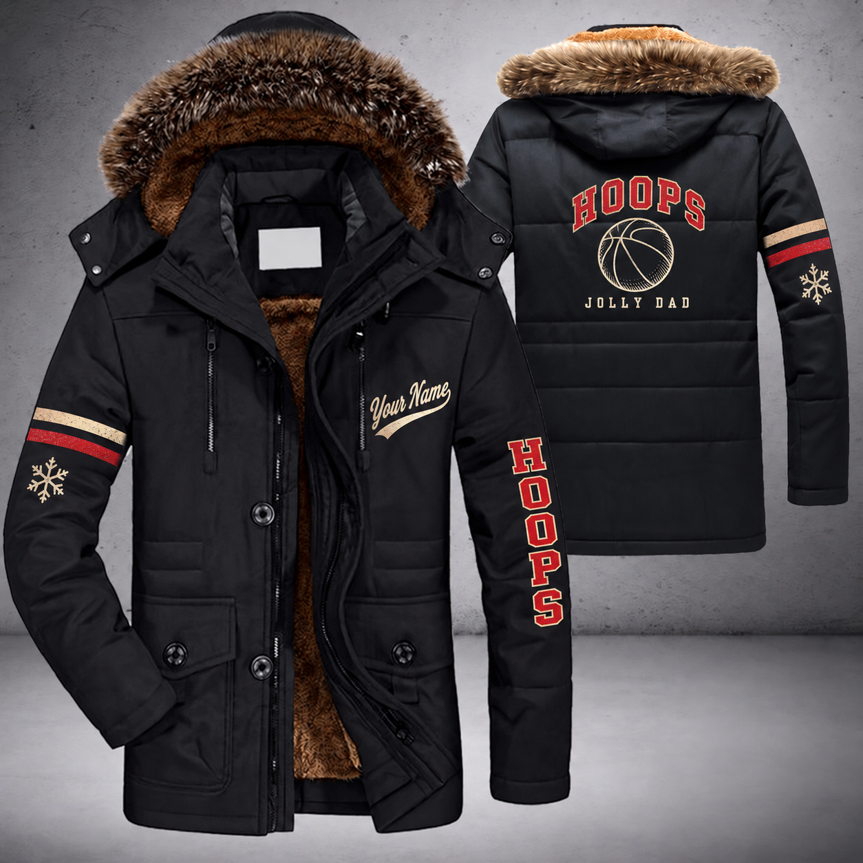 Black parka jacket with a faux-fur hood, snowflake and basketball on the back, "HOOPS" lettering and a custom name in script on the chest