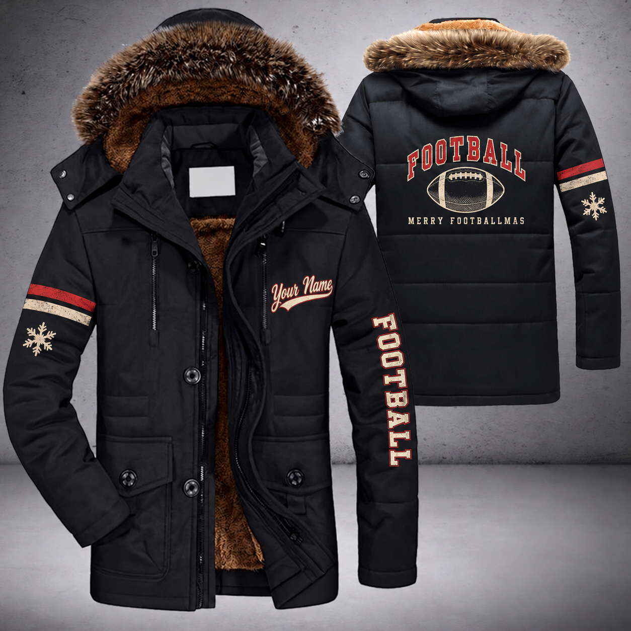 Black parka jacket with a faux-fur hood, snowflake and american football on the back, "FOOTBALL" lettering and a custom name in script on the chest