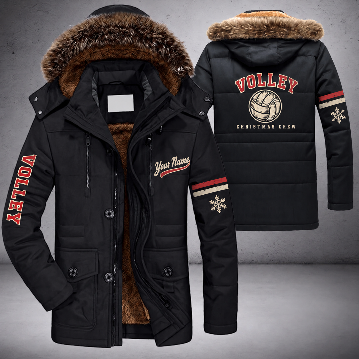 Black parka jacket with a faux-fur hood, snowflake and volleyball on the back, "VOLLEY" lettering and a custom name in script on the chest