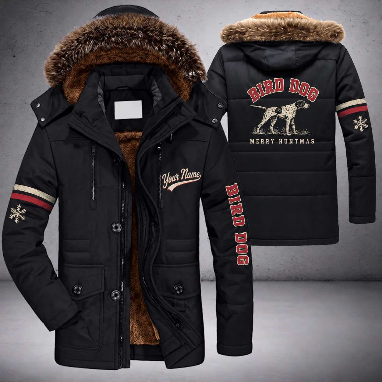 Black parka jacket with a faux-fur hood, snowflake and pointer dog on the back, "BIRD DOG" lettering and a custom name in script on the chest