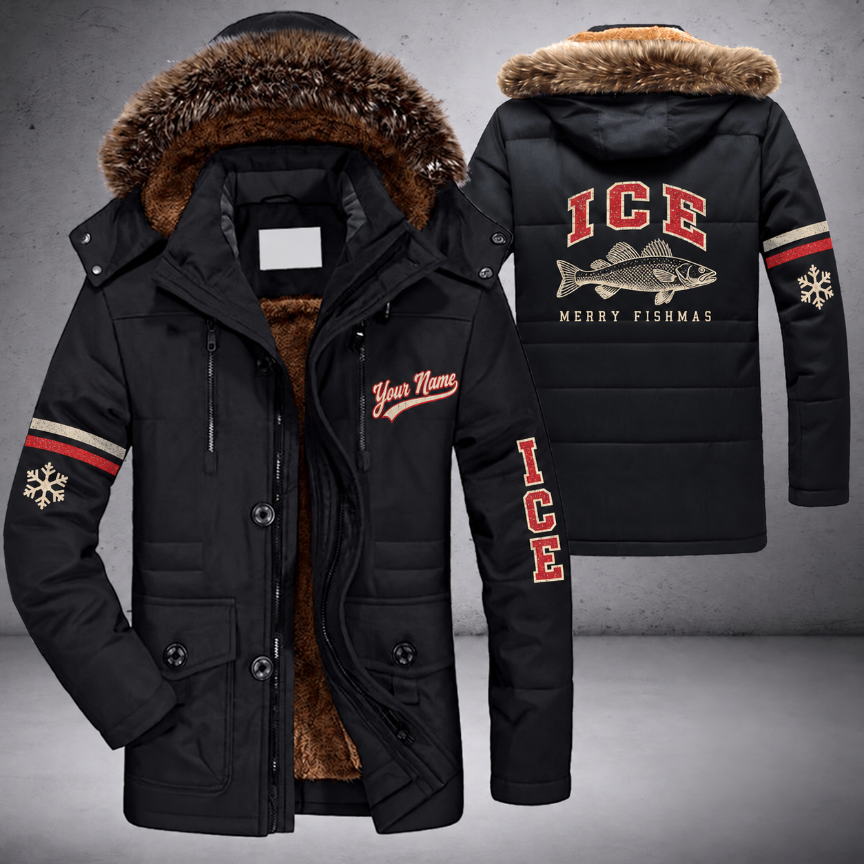 Black parka jacket with a faux-fur hood, snowflake and walleye on the back, "ICE" lettering and a custom name in script on the chest