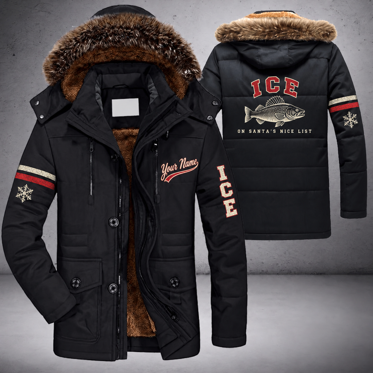 Black parka jacket with a faux-fur hood, snowflake and walleye on the back, "ICE" lettering and a custom name in script on the chest
