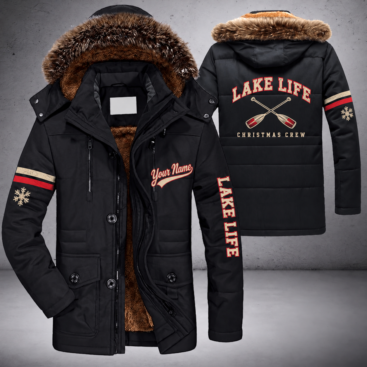 Black parka jacket with a faux-fur hood, snowflake and crossed paddles on the back, "LAKE LIFE" lettering and a custom name in script on the chest