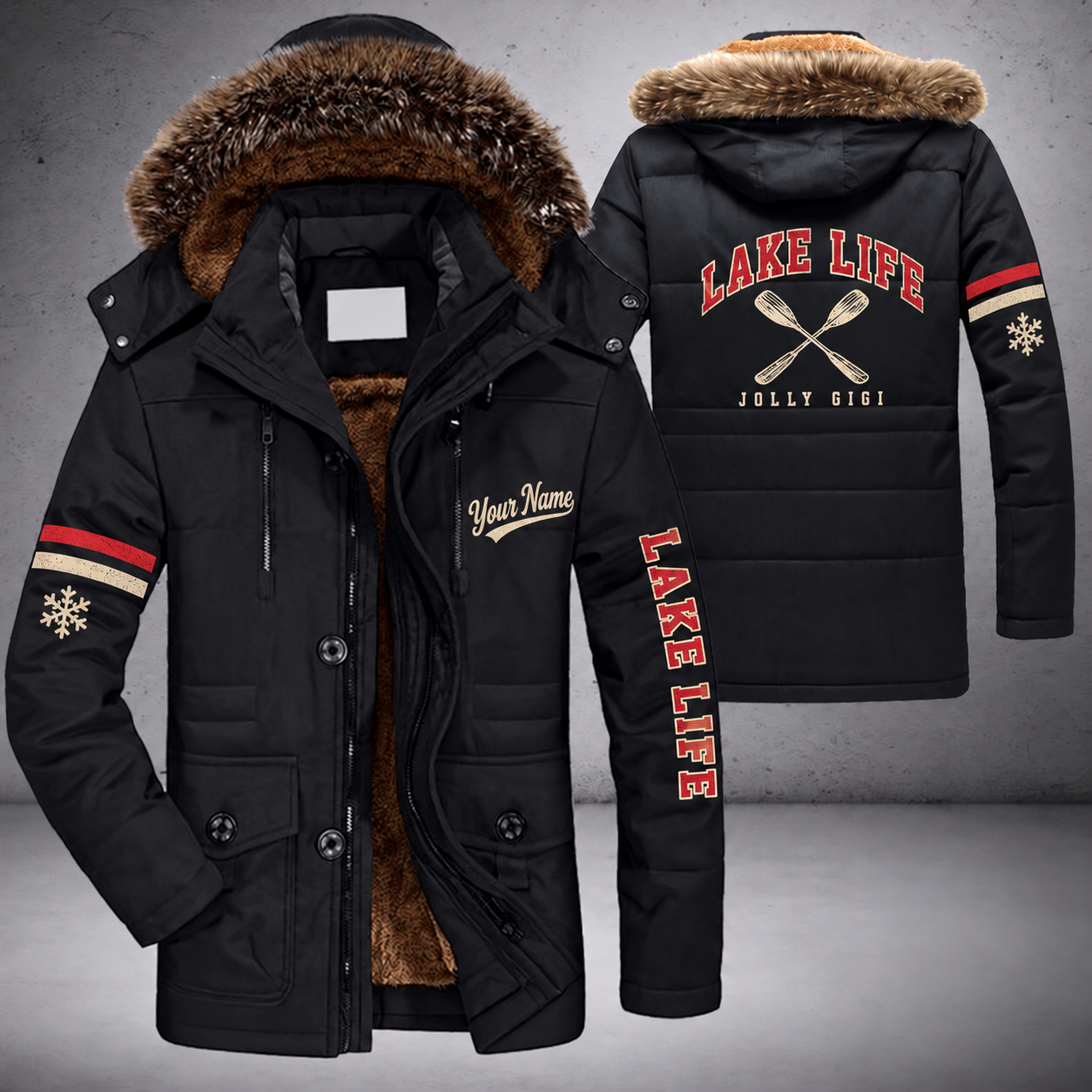 Black parka jacket with a faux-fur hood, snowflake and crossed paddles on the back, "LAKE LIFE" lettering and a custom name in script on the chest