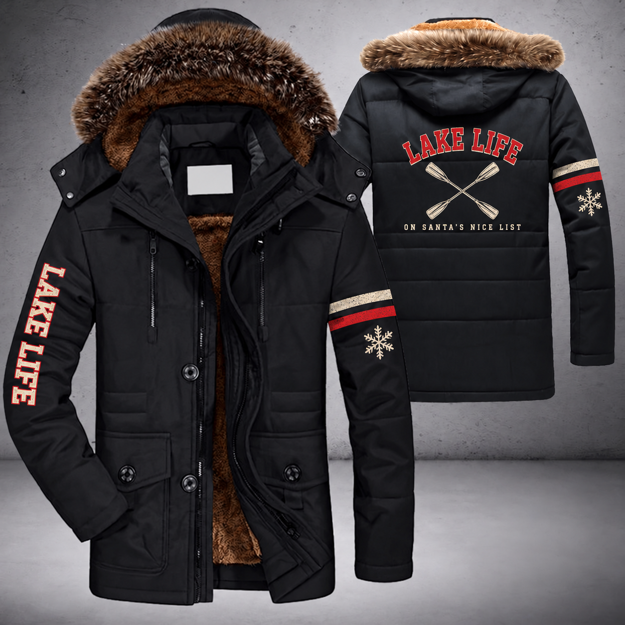 Black parka jacket with a faux-fur hood, snowflake and crossed paddles on the back, "LAKE LIFE" lettering and a custom name in script on the chest