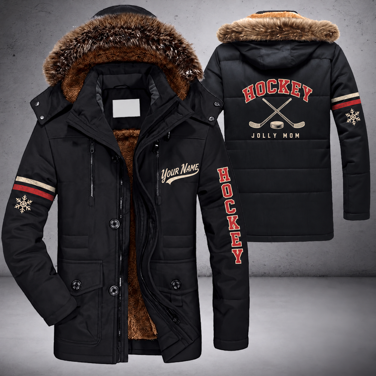 Black parka jacket with a faux-fur hood, snowflake and puck and crossed hockey sticks with curved blades on the back, "HOCKEY" lettering and a custom name in script on the chest
