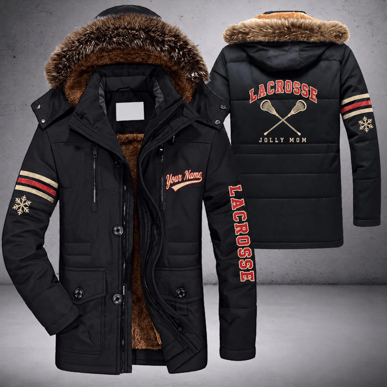 Black parka jacket with a faux-fur hood, snowflake and crossed lacrosse sticks on the back, "LACROSSE" lettering and a custom name in script on the chest