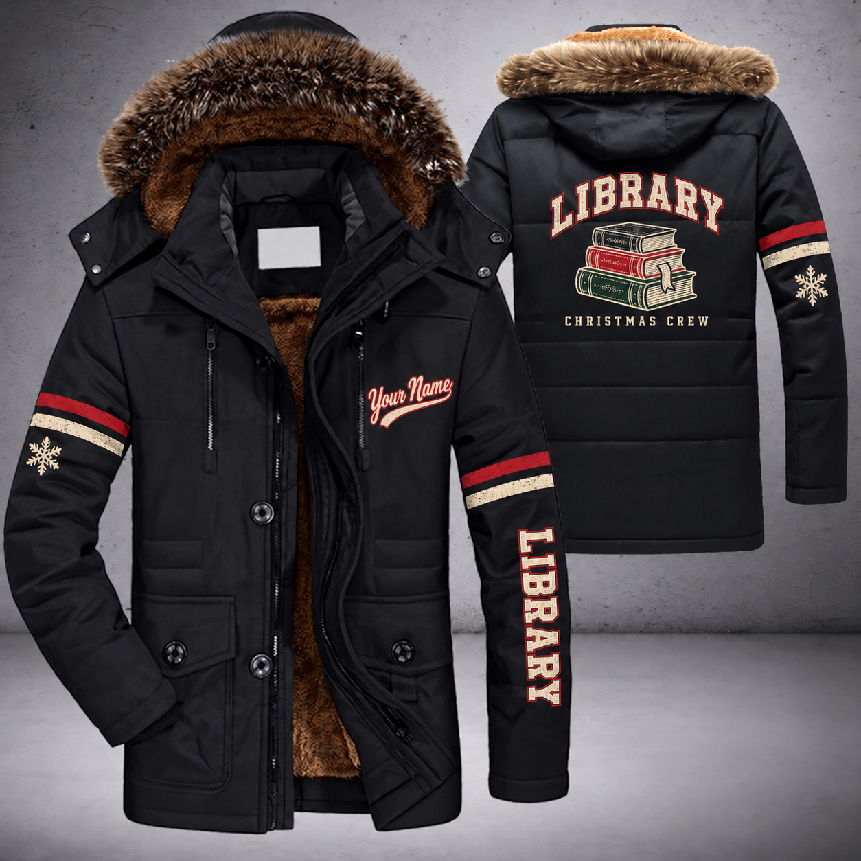 Black parka jacket with a faux-fur hood, snowflake and book stack on the back, "LIBRARY" lettering and a custom name in script on the chest