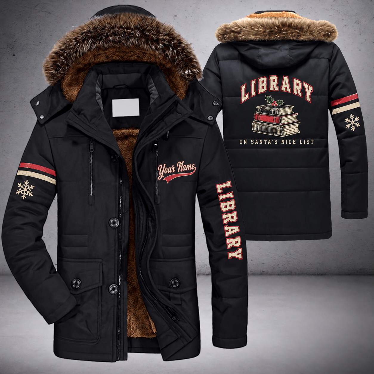 Black parka jacket with a faux-fur hood, snowflake and book stack on the back, "LIBRARY" lettering and a custom name in script on the chest