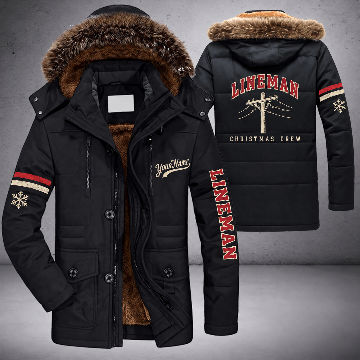 Black parka jacket with a faux-fur hood, snowflake and utility pole with wires on the back, "LINEMAN" lettering and a custom name in script on the chest
