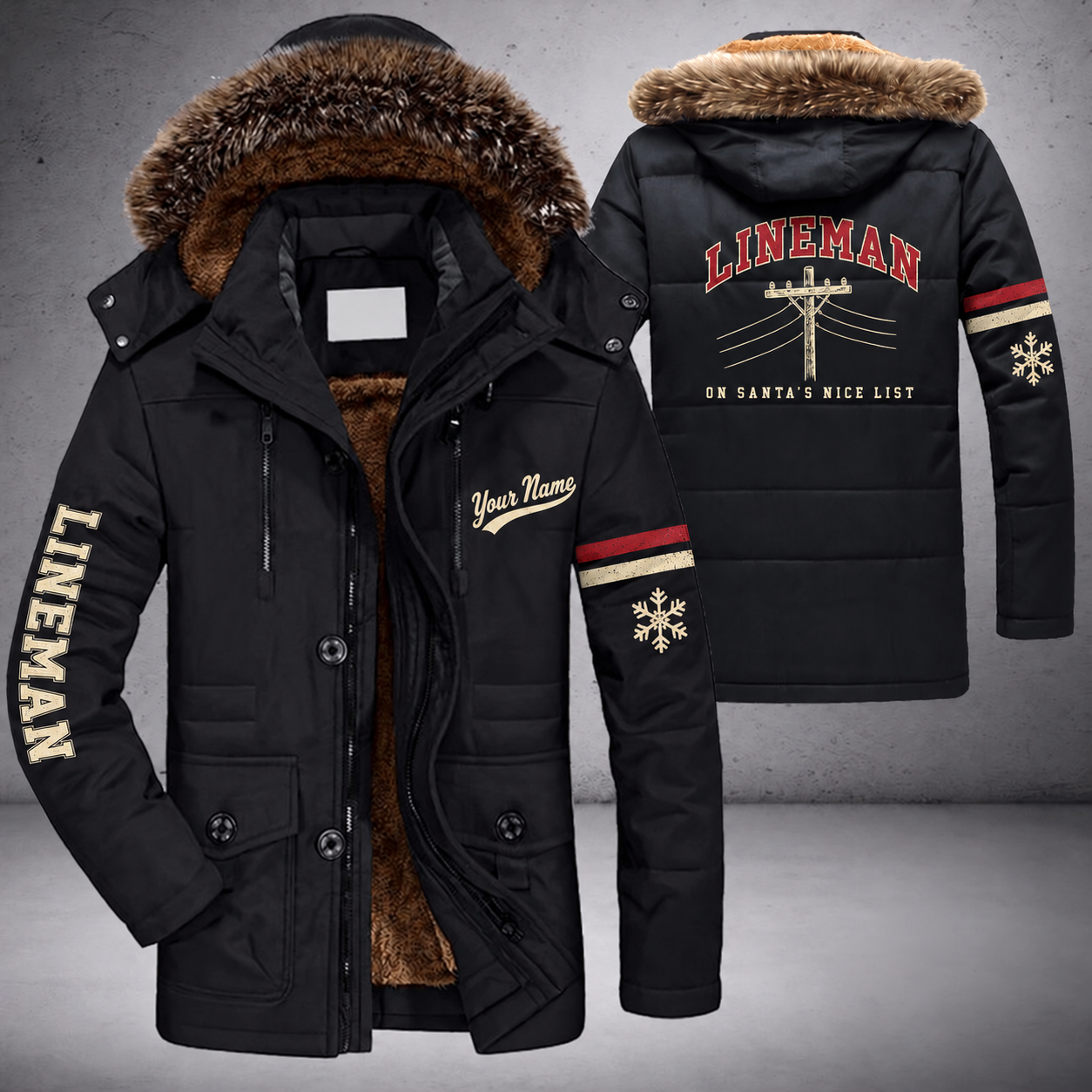 Black parka jacket with a faux-fur hood, snowflake and utility pole with wires on the back, "LINEMAN" lettering and a custom name in script on the chest