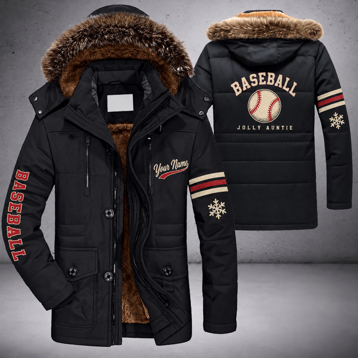 Black parka jacket with a faux-fur hood, snowflake and baseball with red stitches on the back, "BASEBALL" lettering and a custom name in script on the chest