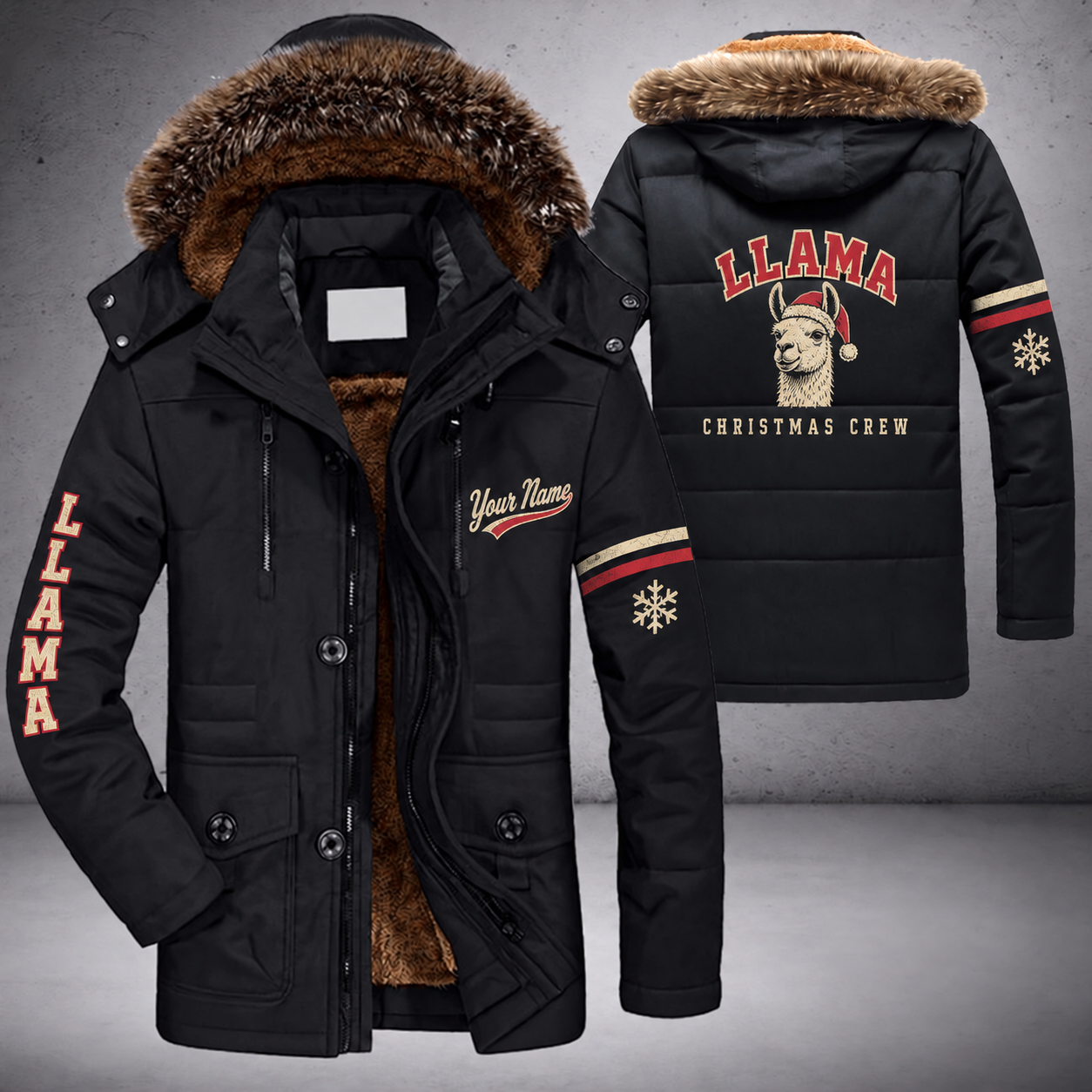 Black parka jacket with a faux-fur hood, snowflake and llama head on the back, "LLAMA" lettering and a custom name in script on the chest