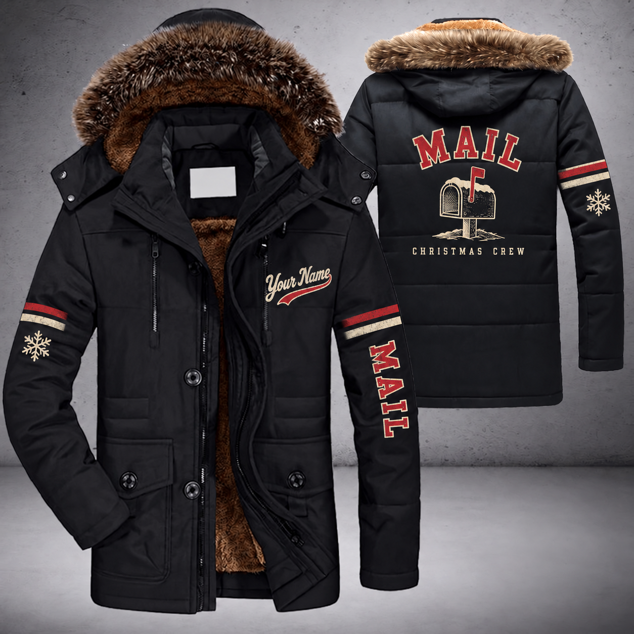 Black parka jacket with a faux-fur hood, snowflake and mailbox on the back, "MAIL" lettering and a custom name in script on the chest