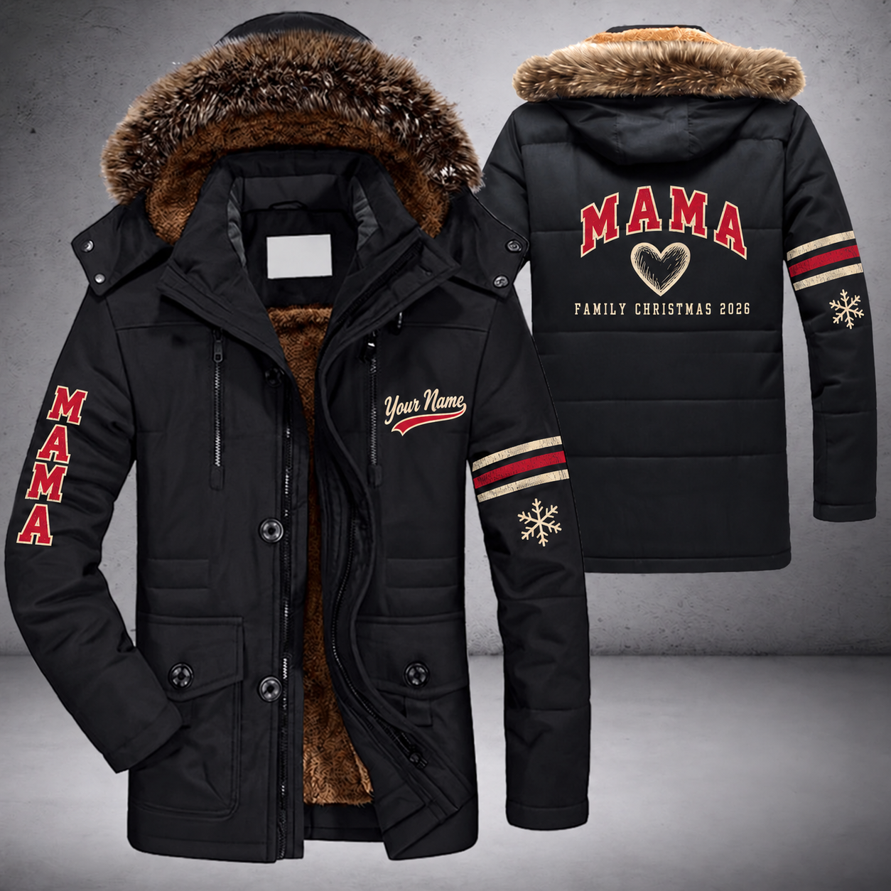Black parka jacket with a faux-fur hood, snowflake and heart on the back, "MAMA" lettering and a custom name in script on the chest