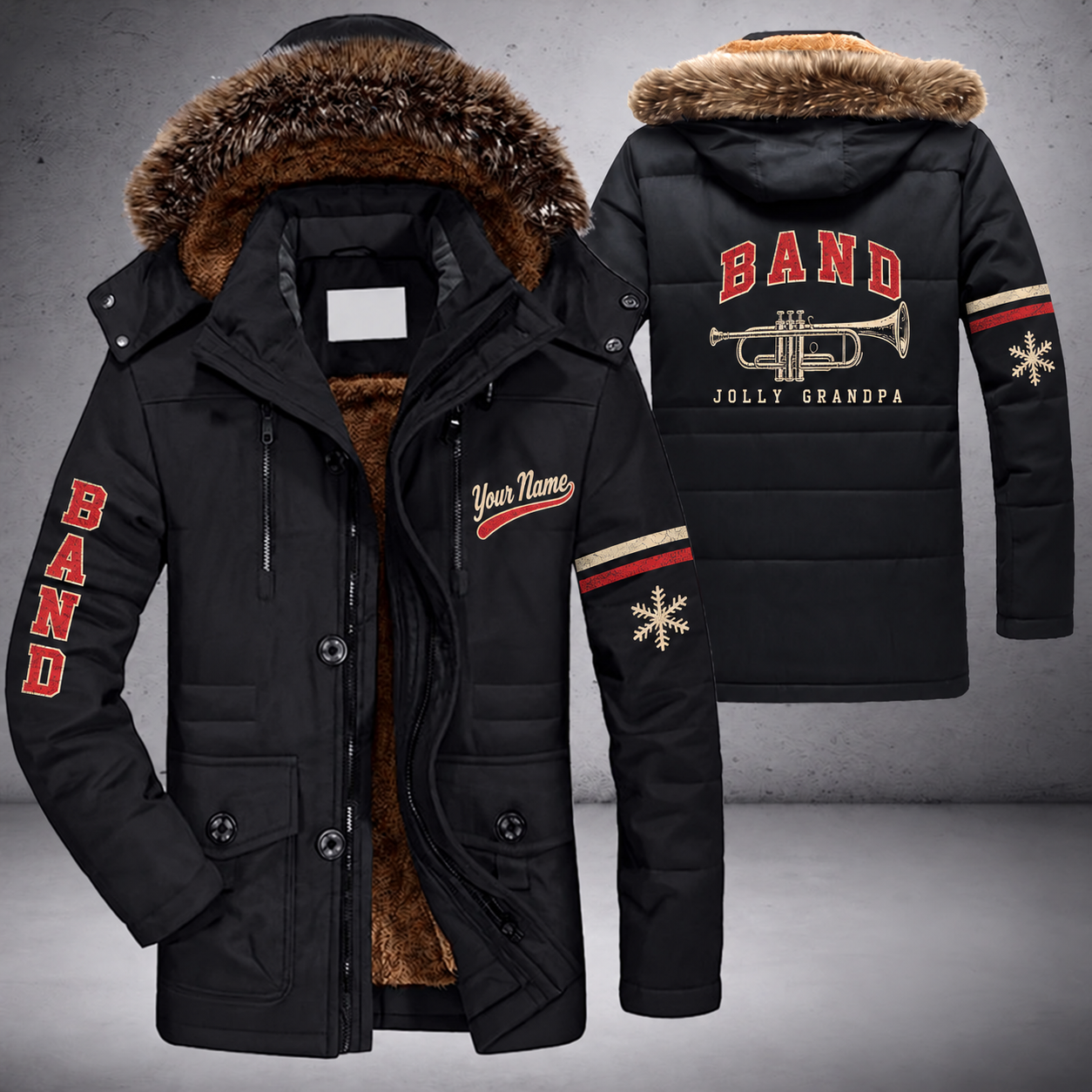 Black parka jacket with a faux-fur hood, snowflake and trumpet on the back, "BAND" lettering and a custom name in script on the chest