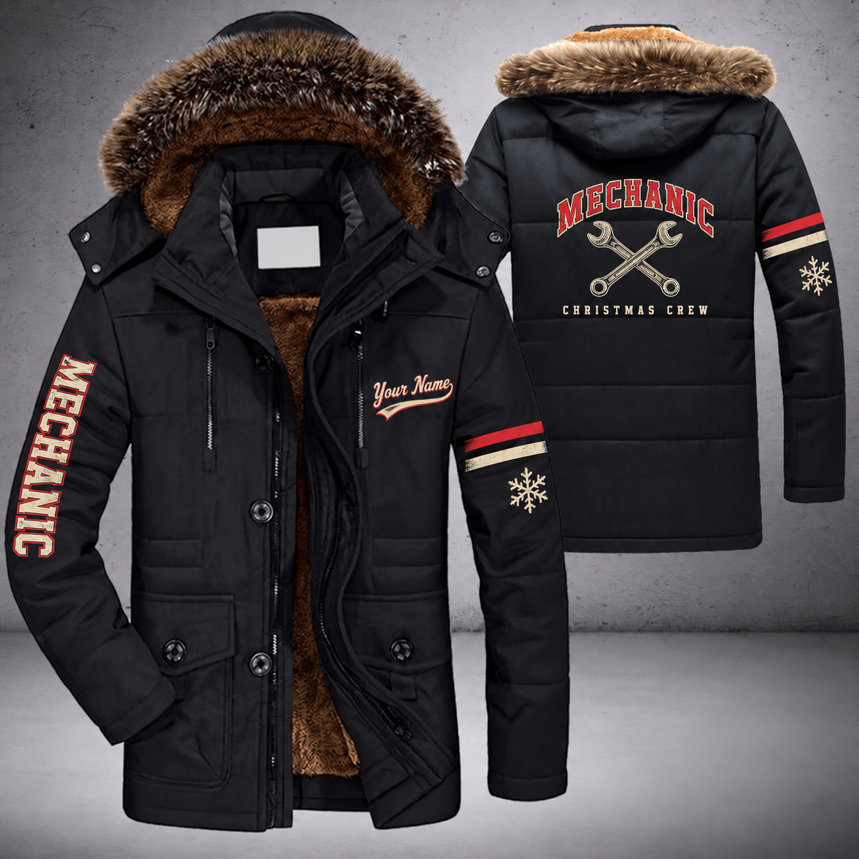 Black parka jacket with a faux-fur hood, snowflake and crossed wrenches on the back, "MECHANIC" lettering and a custom name in script on the chest
