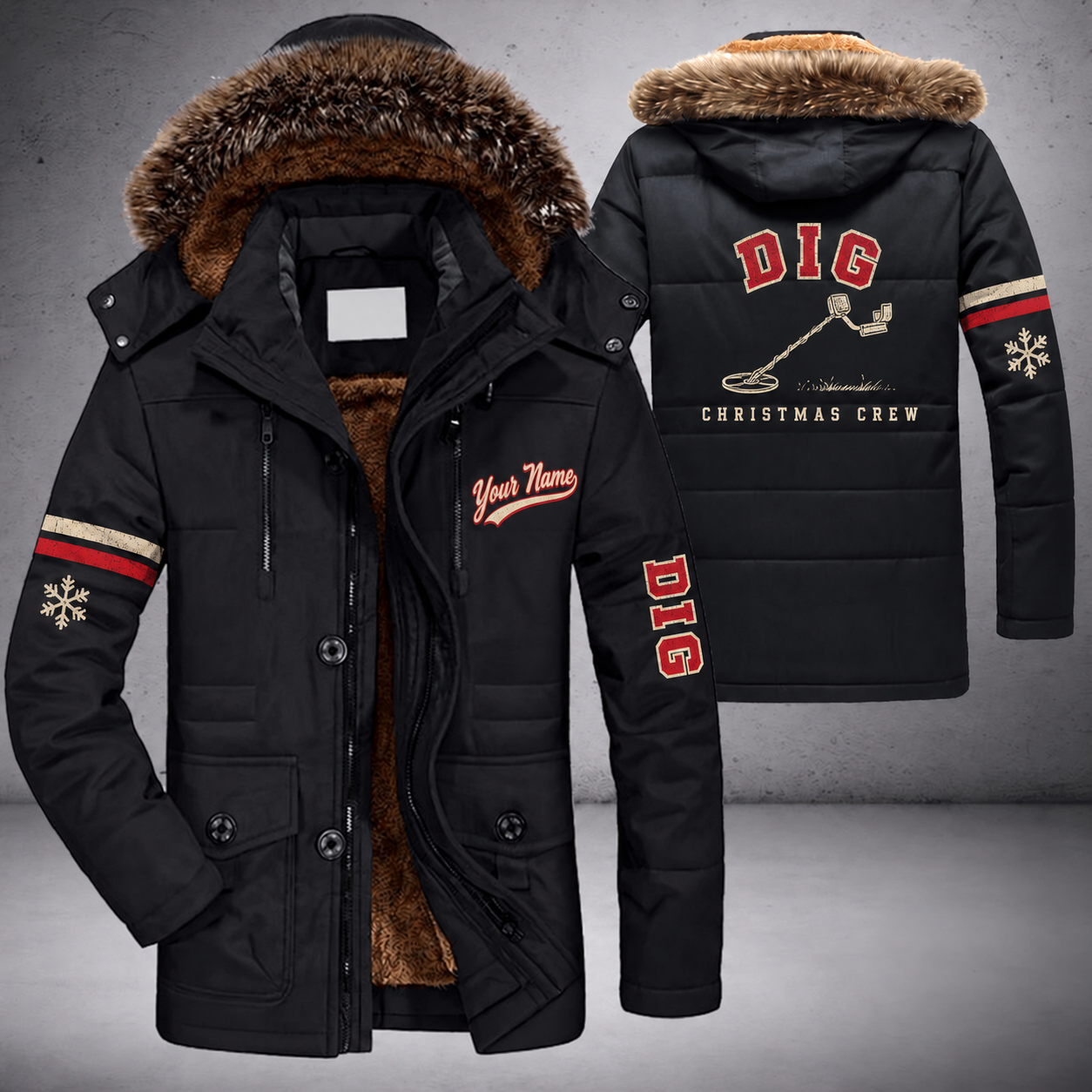 Black parka jacket with a faux-fur hood, snowflake and metal detector on the back, "DIG" lettering and a custom name in script on the chest
