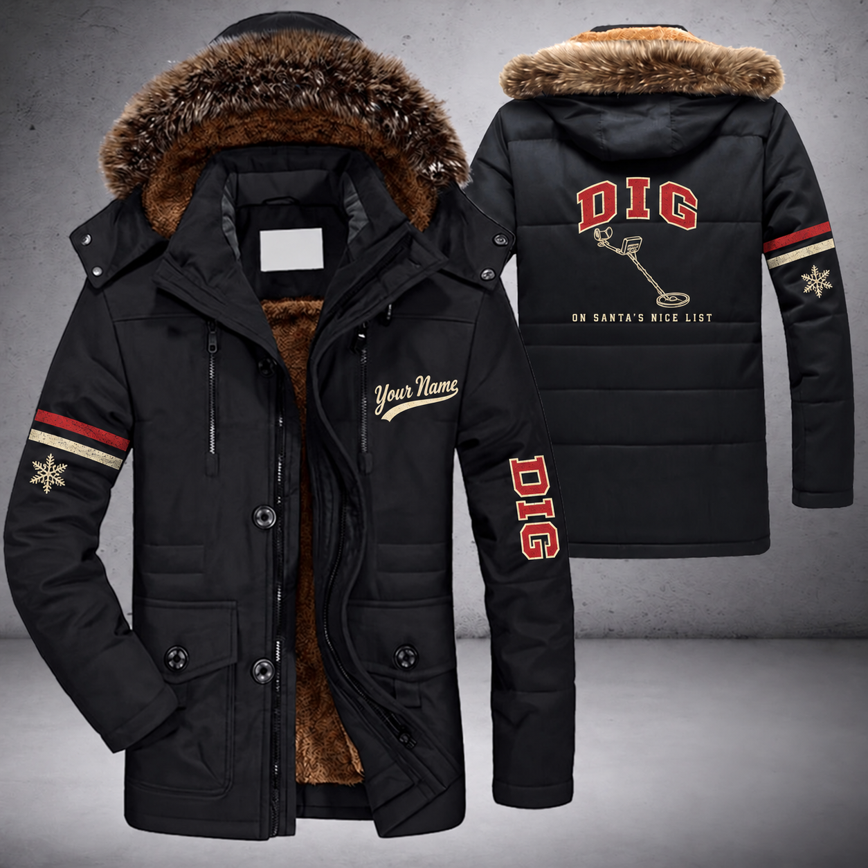 Black parka jacket with a faux-fur hood, snowflake and metal detector on the back, "DIG" lettering and a custom name in script on the chest