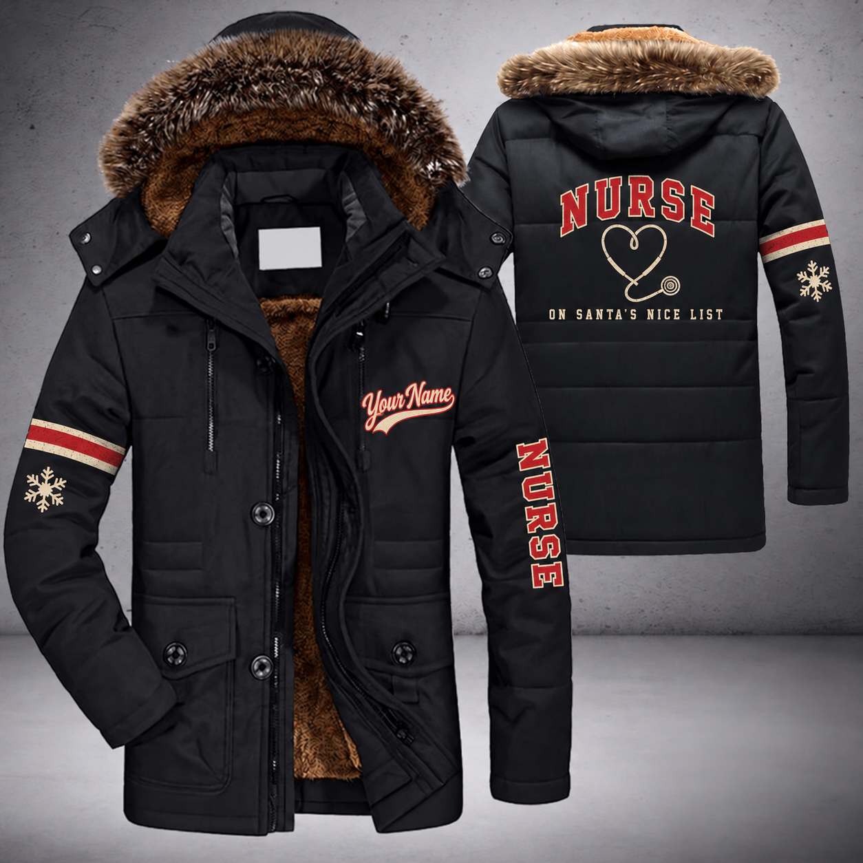 Black parka jacket with a faux-fur hood, snowflake and stethoscope heart on the back, "NURSE" lettering and a custom name in script on the chest