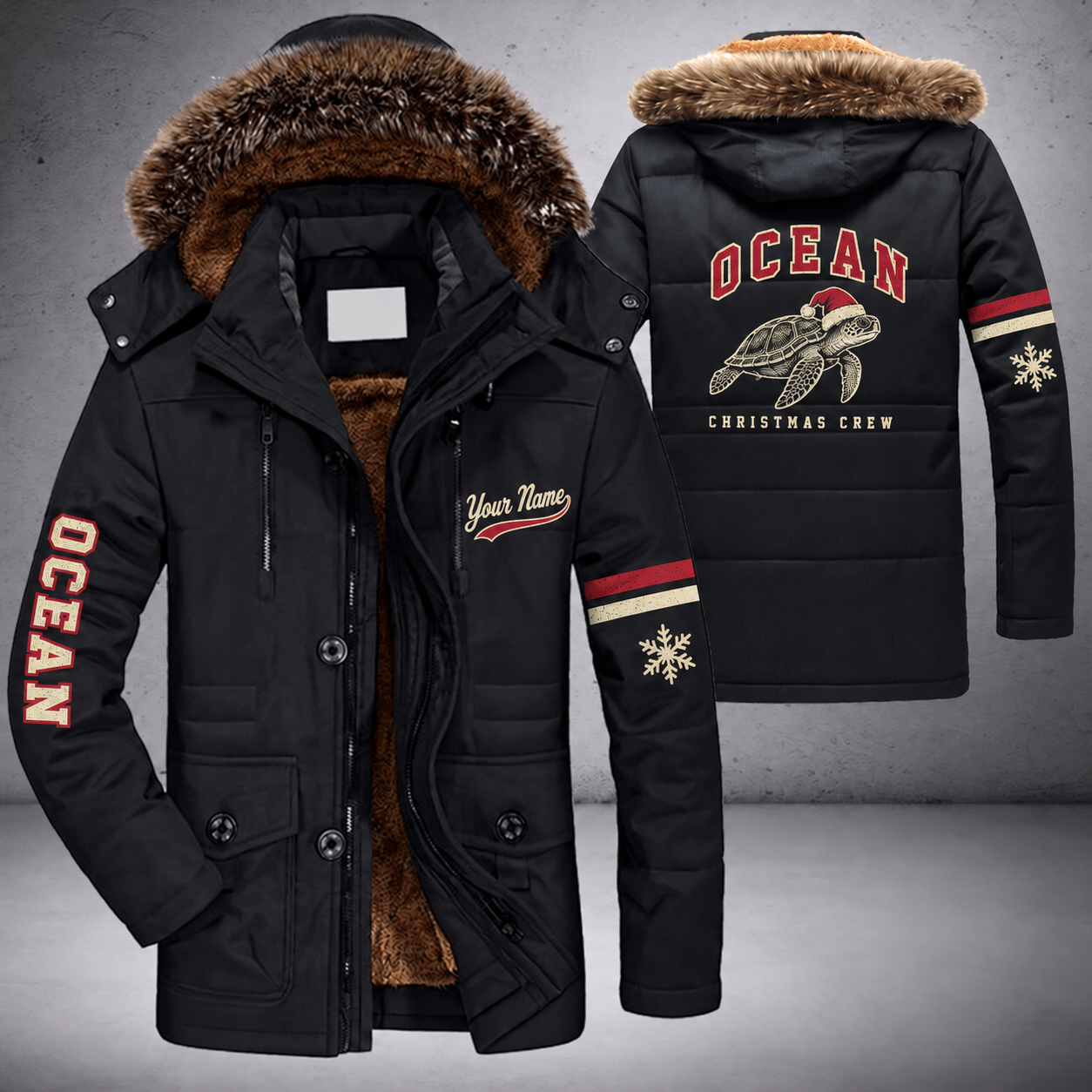 Black parka jacket with a faux-fur hood, snowflake and sea turtle on the back, "OCEAN" lettering and a custom name in script on the chest