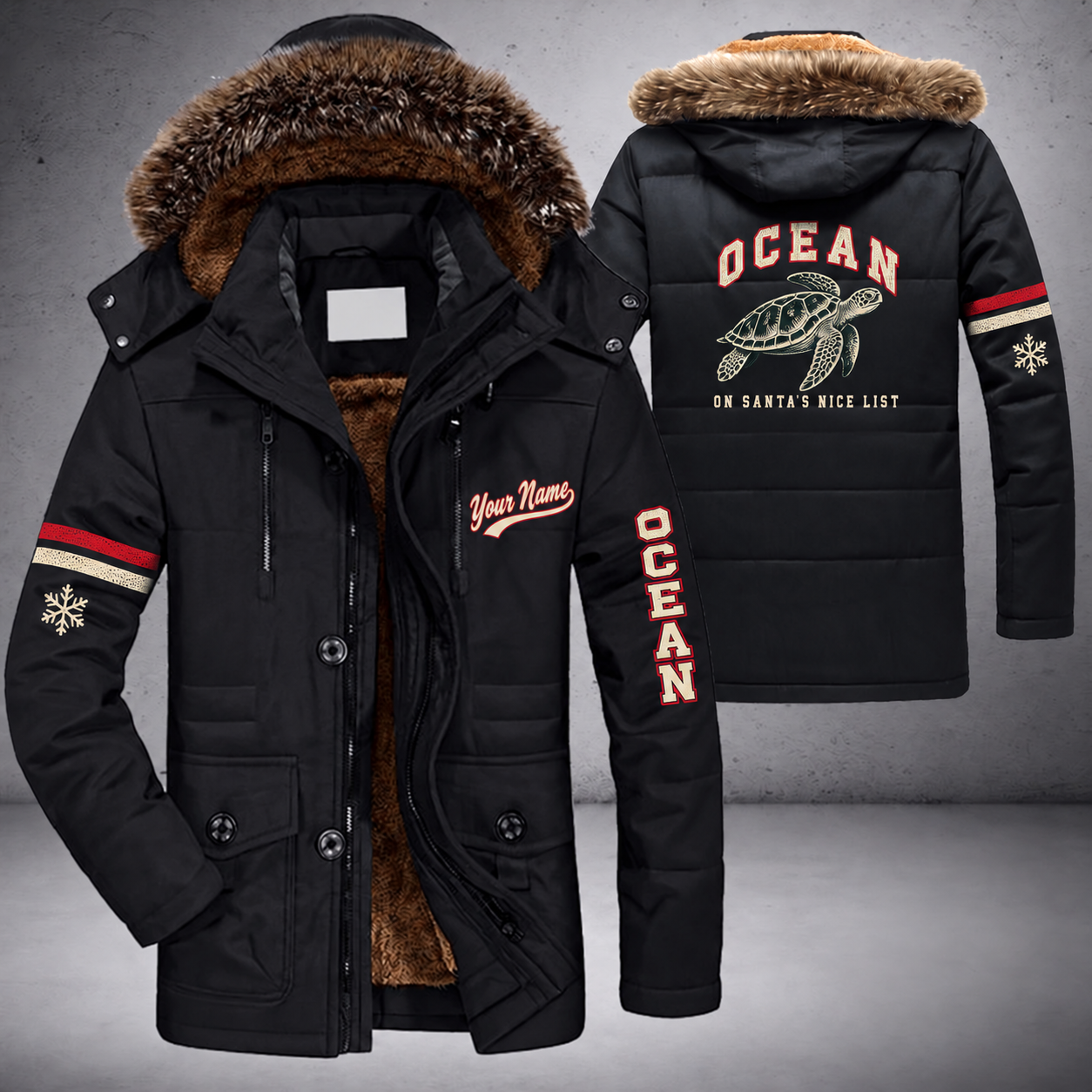 Black parka jacket with a faux-fur hood, snowflake and sea turtle on the back, "OCEAN" lettering and a custom name in script on the chest