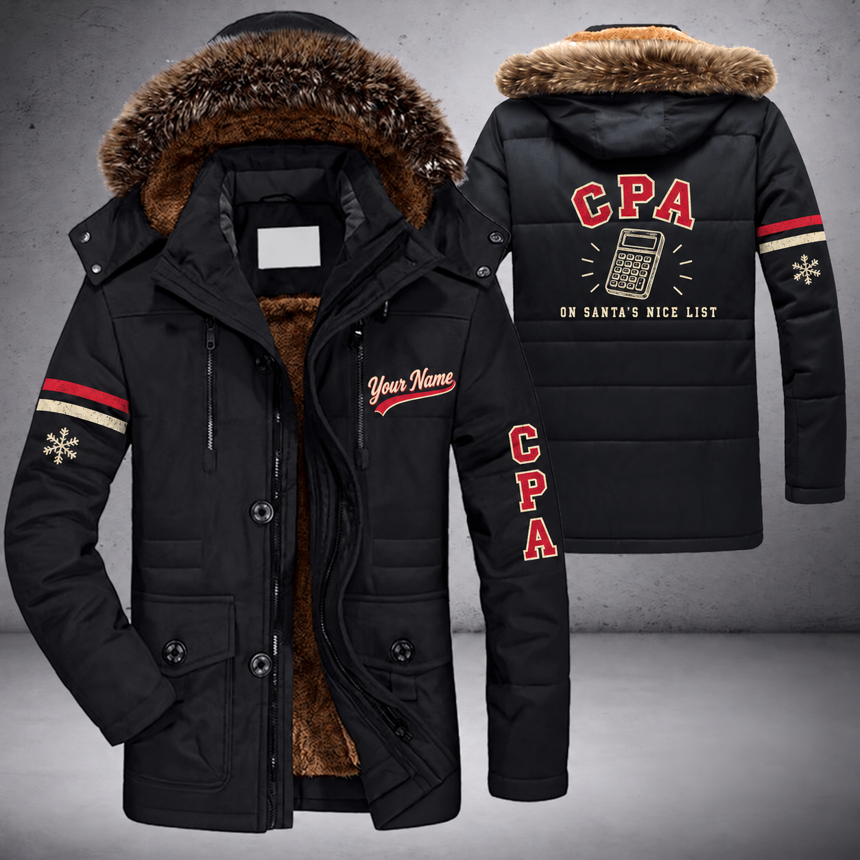 Black parka jacket with a faux-fur hood, snowflake and calculator on the back, "CPA" lettering and a custom name in script on the chest