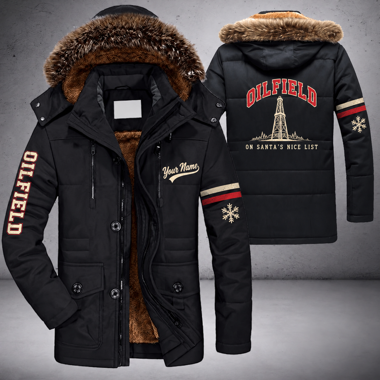 Black parka jacket with a faux-fur hood, snowflake and oil derrick on the back, "OILFIELD" lettering and a custom name in script on the chest
