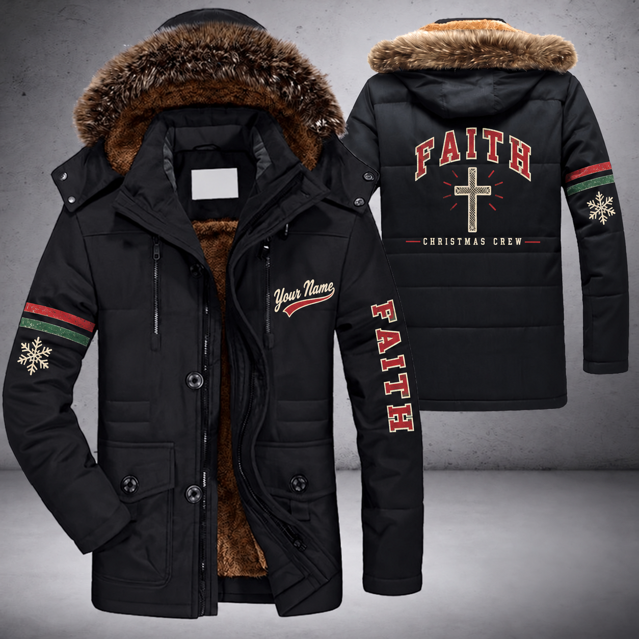 Black parka jacket with a faux-fur hood, snowflake and simple cross on the back, "FAITH" lettering and a custom name in script on the chest