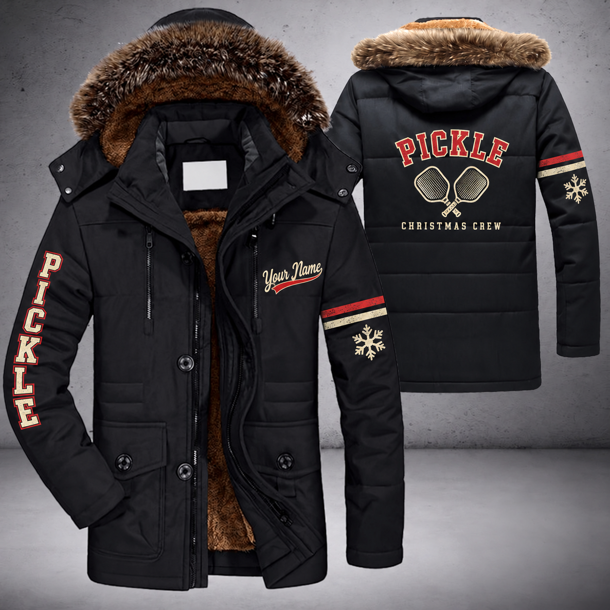 Black parka jacket with a faux-fur hood, snowflake and crossed pickleball paddles on the back, "PICKLE" lettering and a custom name in script on the chest