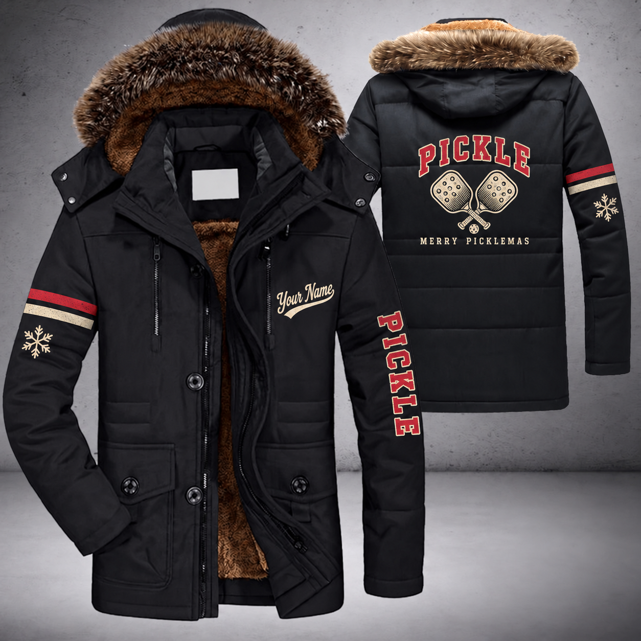 Black parka jacket with a faux-fur hood, snowflake and crossed pickleball paddles on the back, "PICKLE" lettering and a custom name in script on the chest