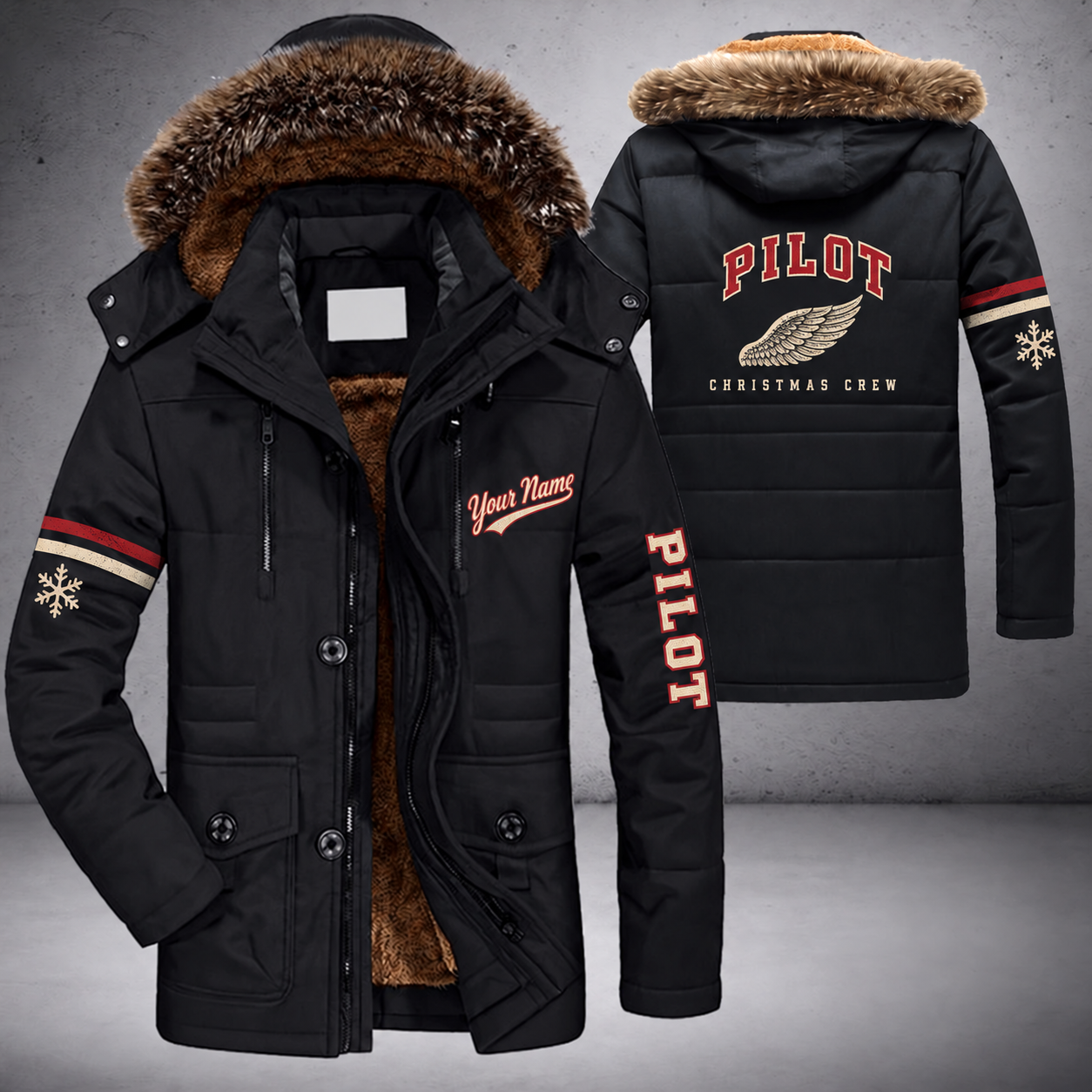 Black parka jacket with a faux-fur hood, snowflake and single feather-shaped wing pin (not a military insignia) on the back, "PILOT" lettering and a custom name in script on the chest