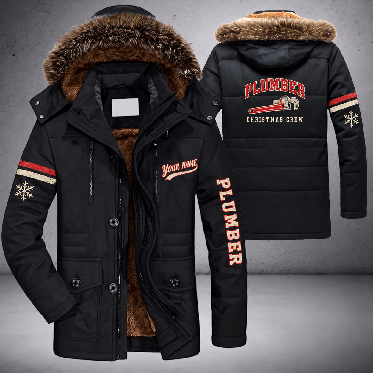 Black parka jacket with a faux-fur hood, snowflake and pipe wrench on the back, "PLUMBER" lettering and a custom name in script on the chest