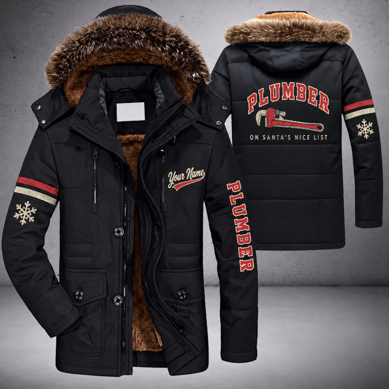 Black parka jacket with a faux-fur hood, snowflake and pipe wrench on the back, "PLUMBER" lettering and a custom name in script on the chest