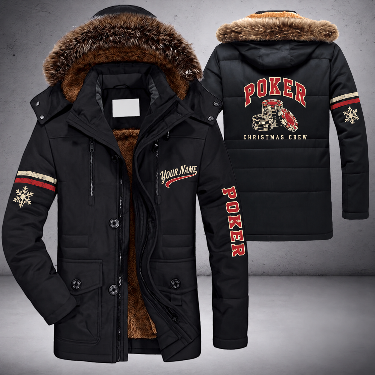 Black parka jacket with a faux-fur hood, snowflake and poker chips on the back, "POKER" lettering and a custom name in script on the chest