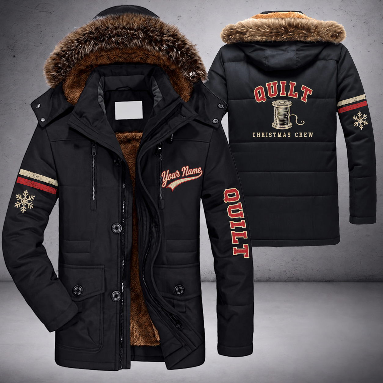 Black parka jacket with a faux-fur hood, snowflake and spool of thread on the back, "QUILT" lettering and a custom name in script on the chest