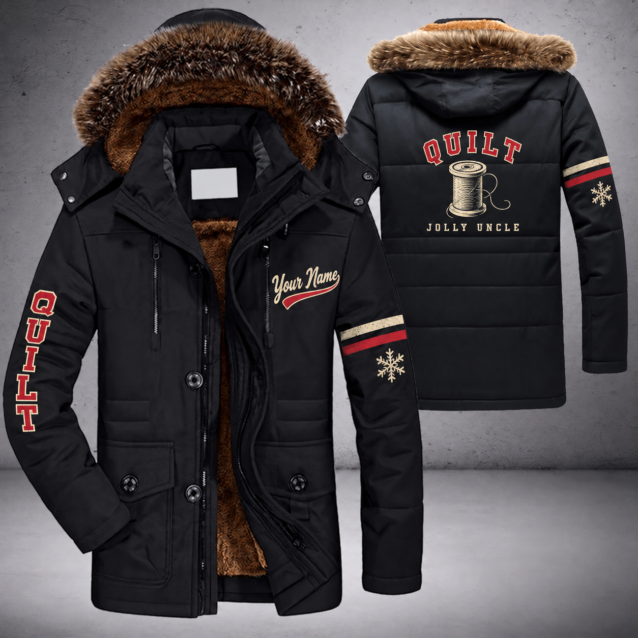 Black parka jacket with a faux-fur hood, snowflake and spool of thread on the back, "QUILT" lettering and a custom name in script on the chest