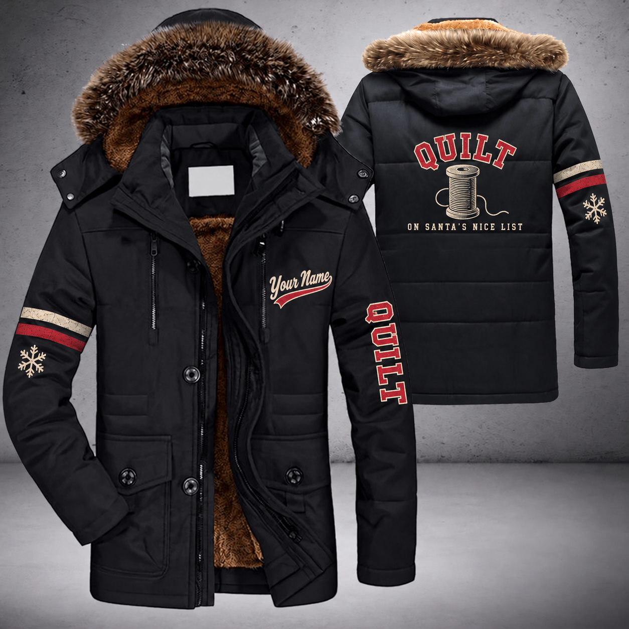 Black parka jacket with a faux-fur hood, snowflake and spool of thread on the back, "QUILT" lettering and a custom name in script on the chest