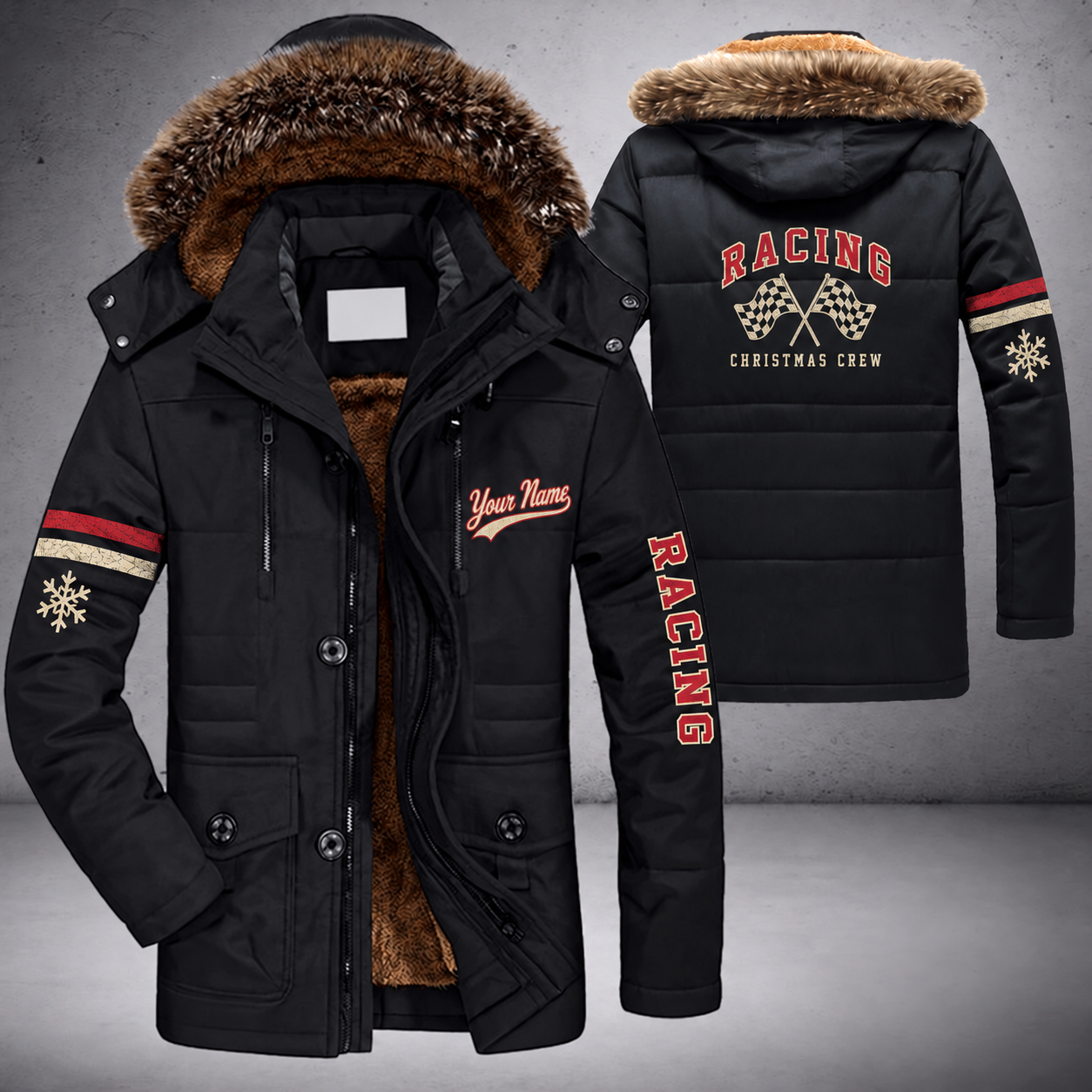 Black parka jacket with a faux-fur hood, snowflake and checkered flags on the back, "RACING" lettering and a custom name in script on the chest