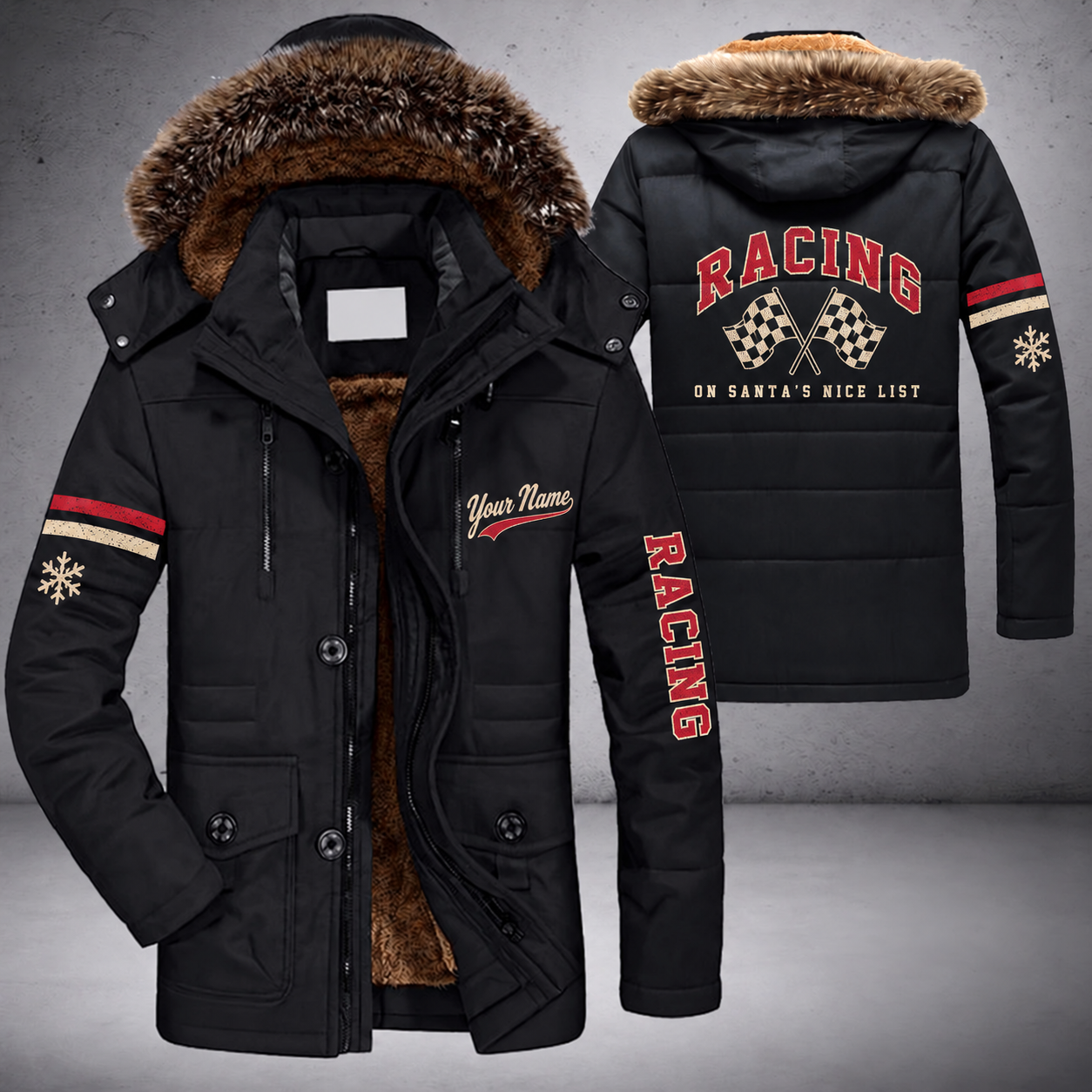 Black parka jacket with a faux-fur hood, snowflake and checkered flags on the back, "RACING" lettering and a custom name in script on the chest