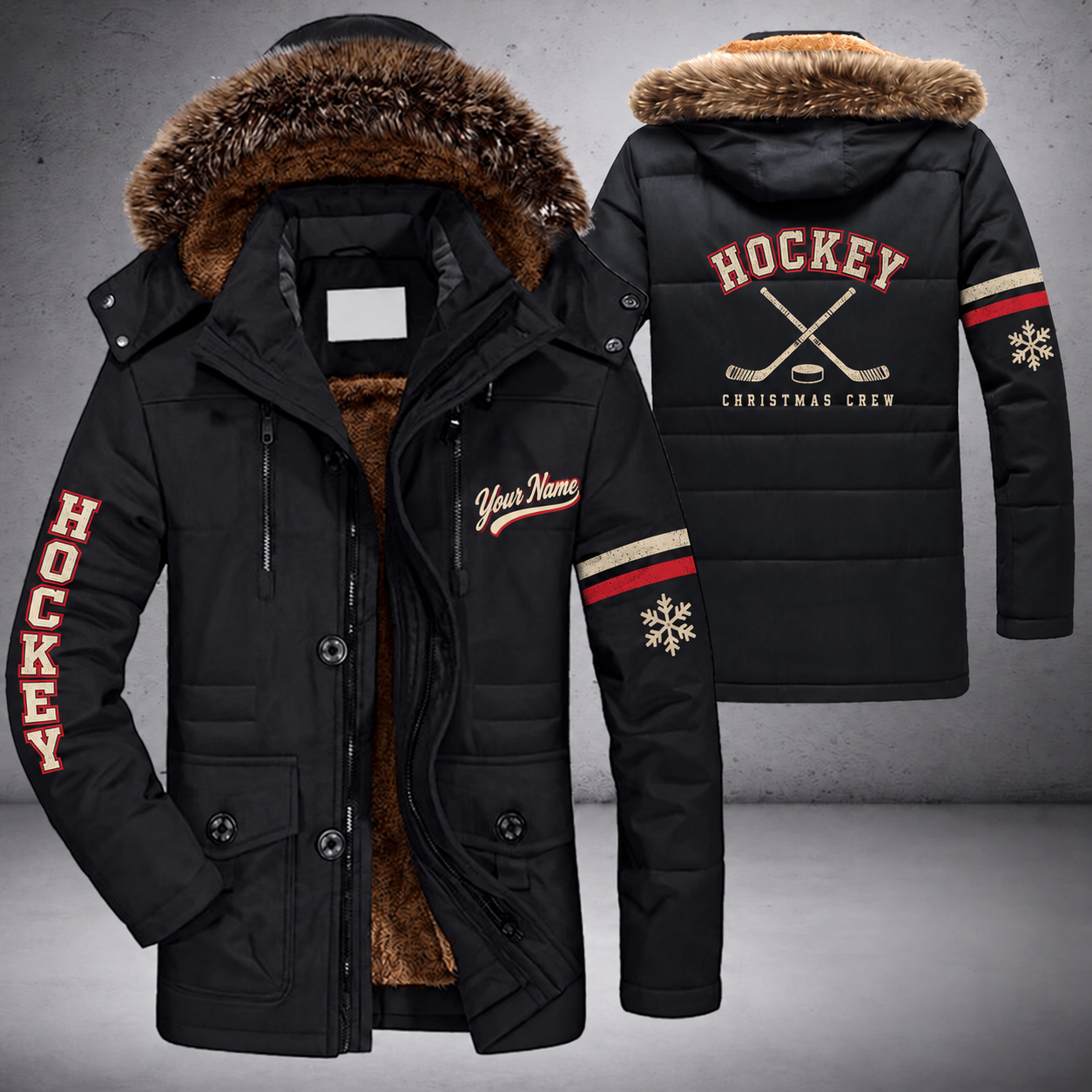 Black parka jacket with a faux-fur hood, snowflake and puck and crossed hockey sticks with curved blades on the back, "HOCKEY" lettering and a custom name in script on the chest