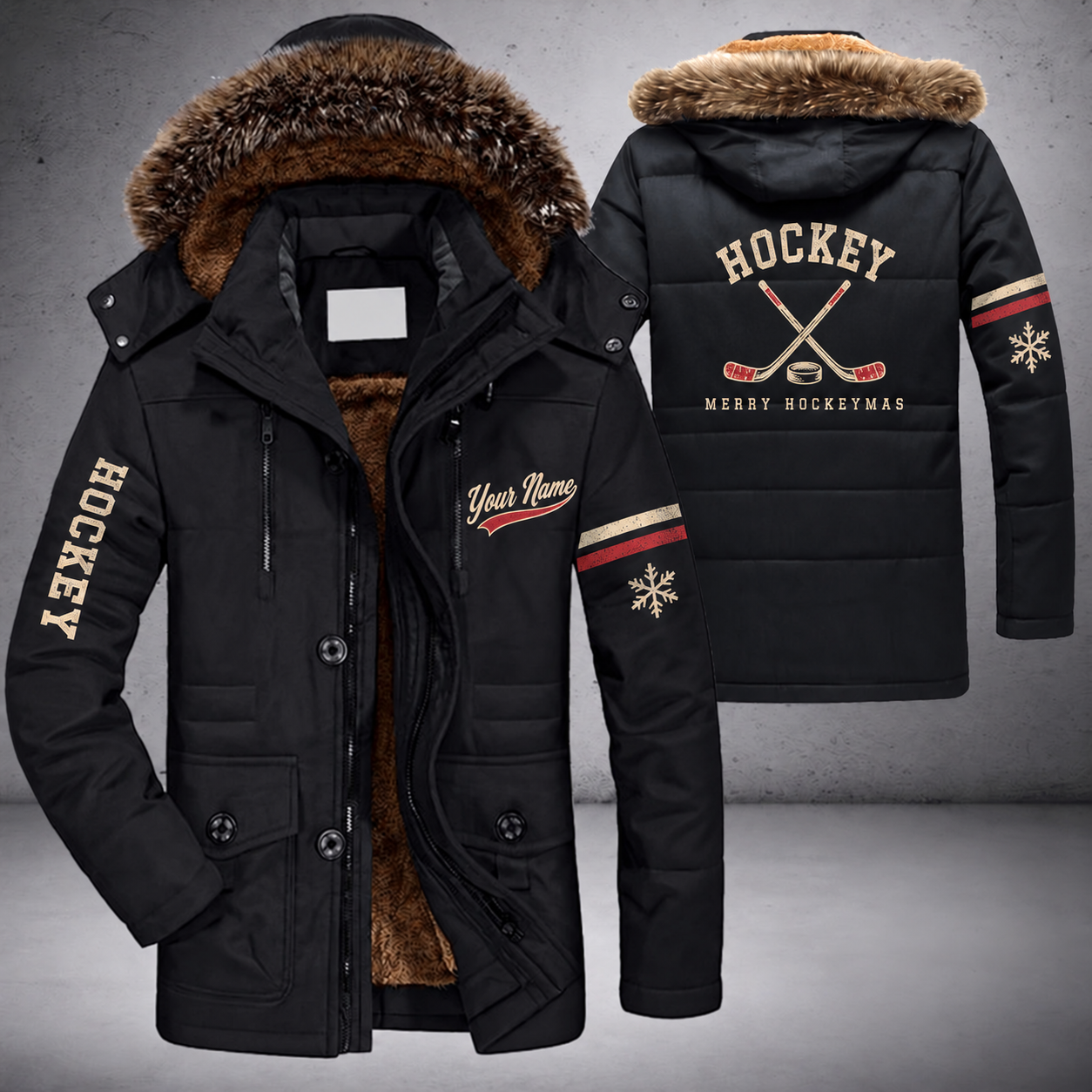 Black parka jacket with a faux-fur hood, snowflake and puck and crossed hockey sticks with curved blades on the back, "HOCKEY" lettering and a custom name in script on the chest