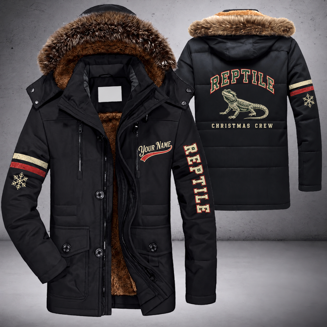Black parka jacket with a faux-fur hood, snowflake and bearded dragon on the back, "REPTILE" lettering and a custom name in script on the chest